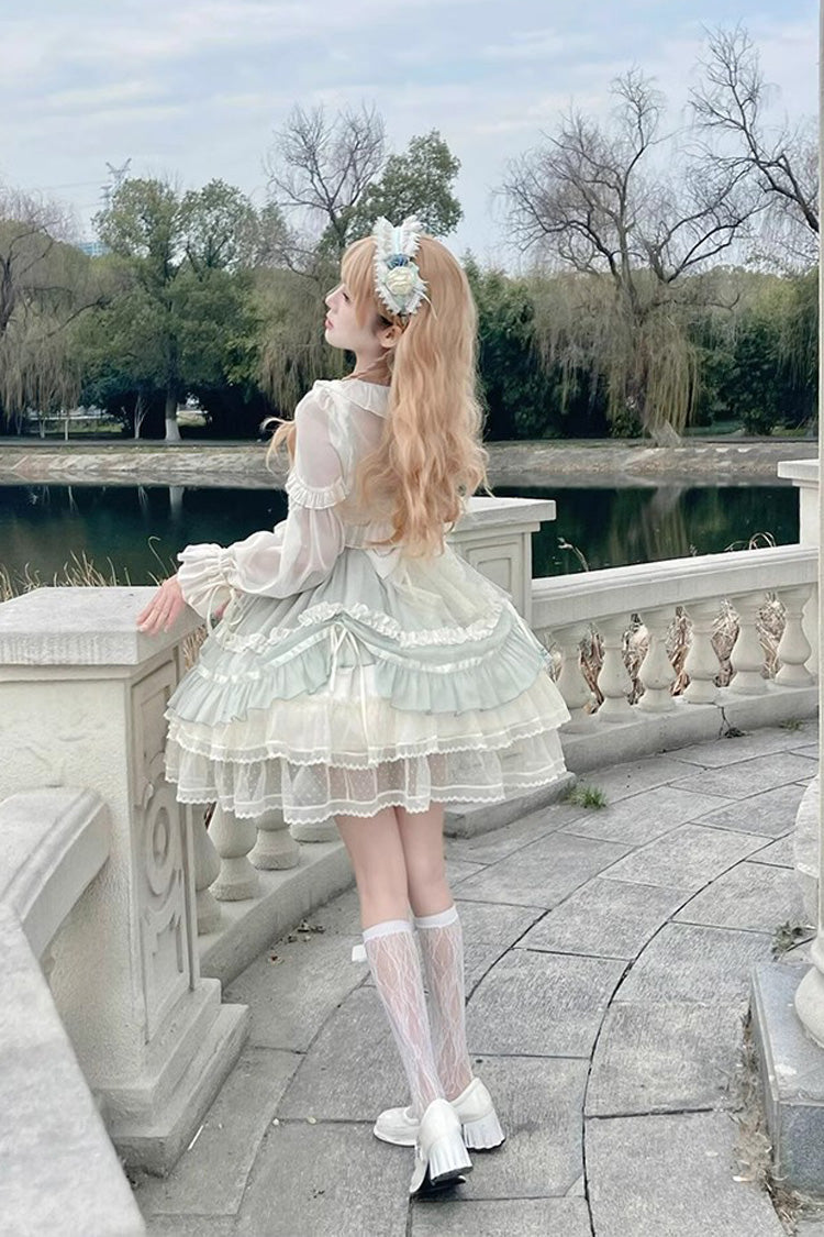 Emerald Light Dance Multi-Tier Ruffle Embroidery Lace Sweet Jumper
