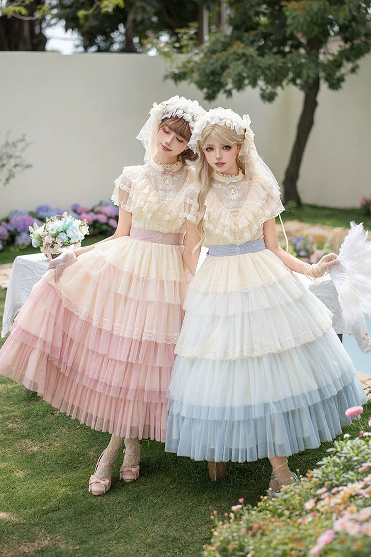 Sweet Lolita Dress with Edwardian Collar and Ombre Ruffles - Pink