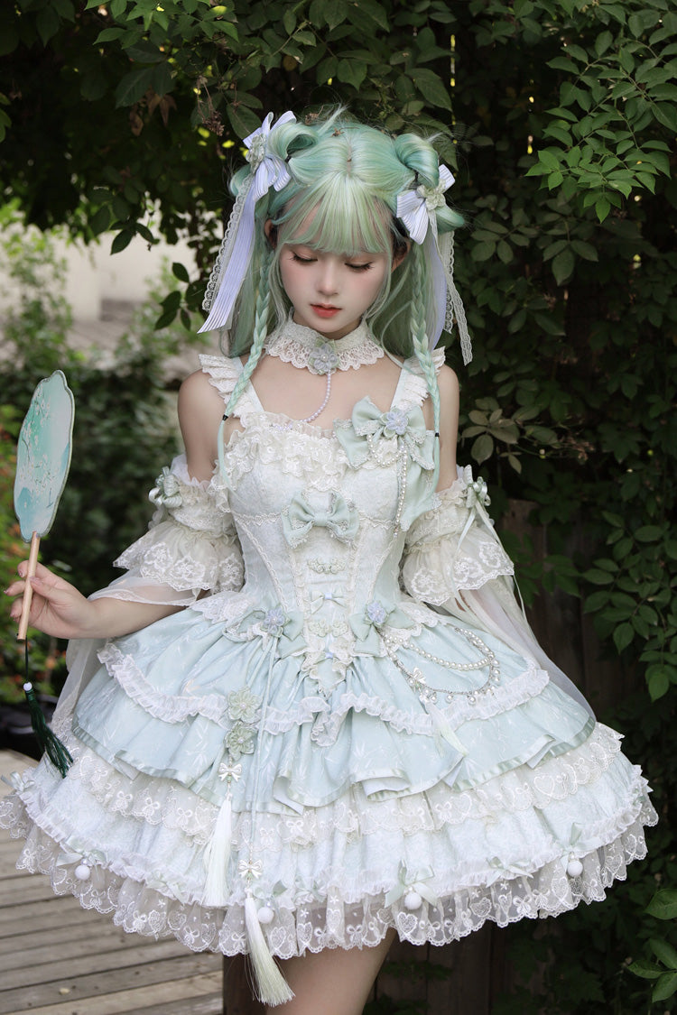 Jacquard Square Collar Sleeveless Layered Cherry Lace Pearl Bow Lolita JSK