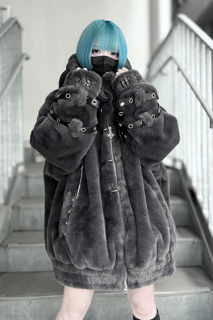 Hooded Punk Jirai Coat with Cross Leather Buckles in Two Tones