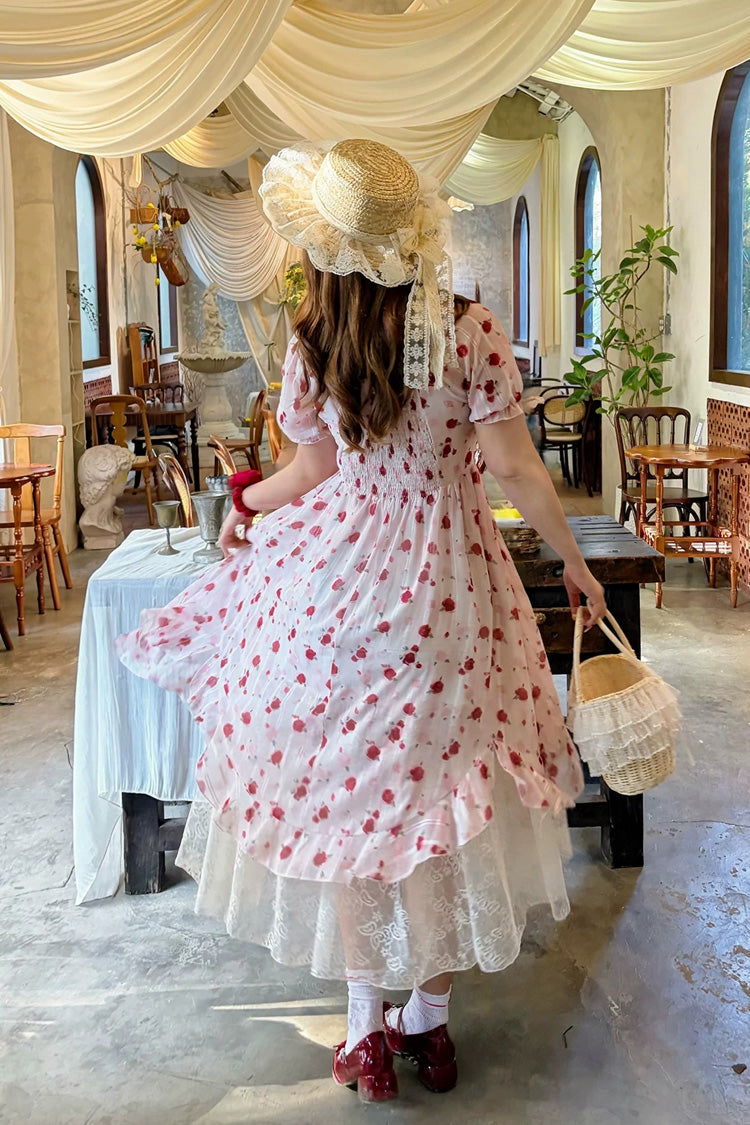 Rose-Printed Square-Collar Ruffled High-Waist Sweet Jumper Dress in Blush Pink