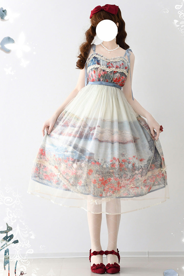 Multi Color Oil Painting Island Garden Sleeveless Ruffle Bow Lace Sweet Jsk Dress