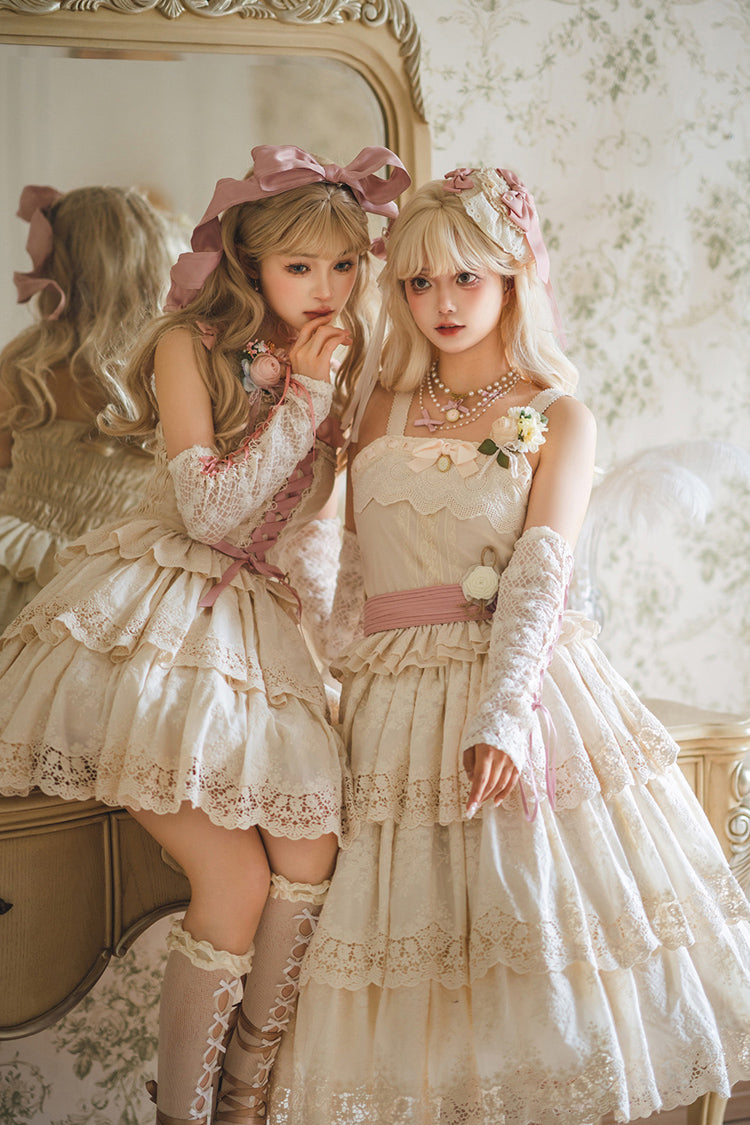 Cream Forest Waltz Embroidery Bow Lace-Up Slim Elegant Sweet Lolita Suspender Top