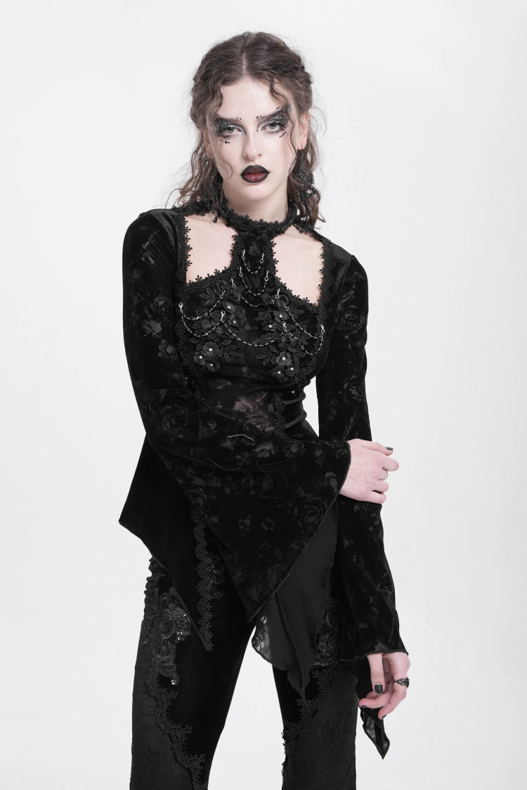 Graceful Black Jacquard Embroidered Trumpet Sleeve Halter Gothic Blouse