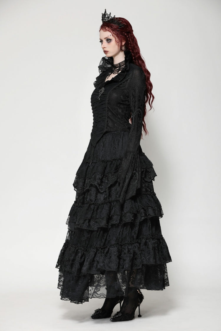 Ruffled V Stand Collar Long Flared Sleeve Jacquard Gothic Blouse for Women Lace