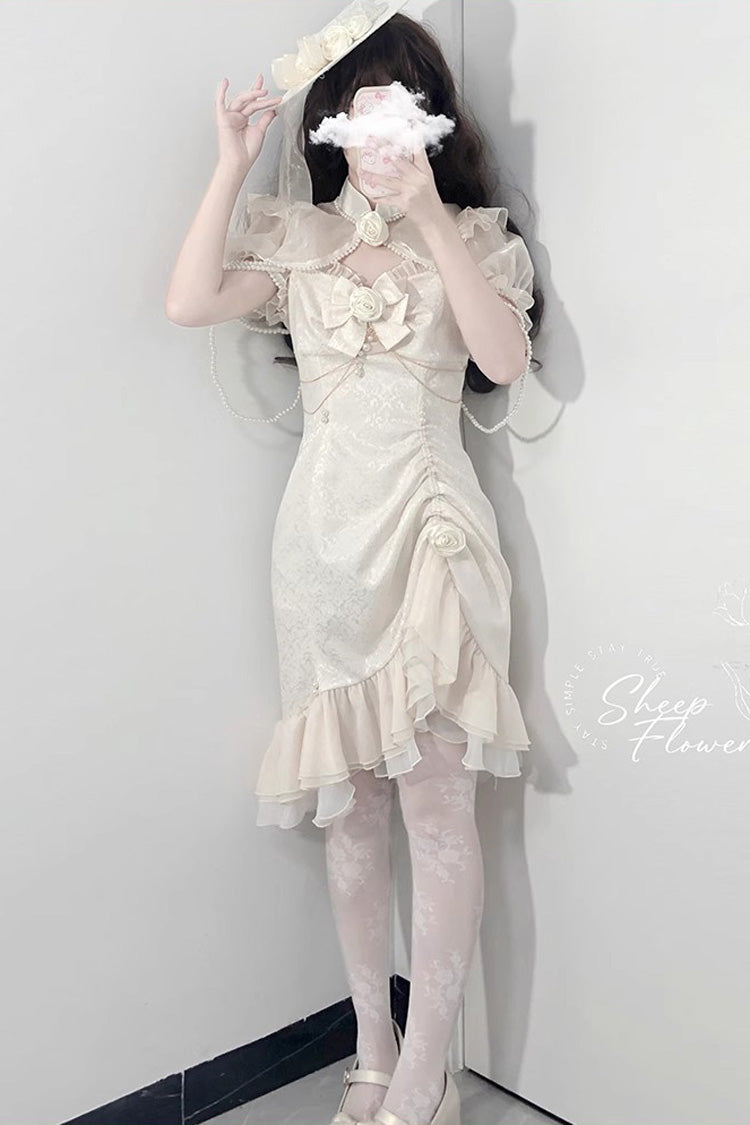 Camellia 2.0 White Sleeveless Jacquard Asymmetric Lace Sweet Fishtail JSK Dress