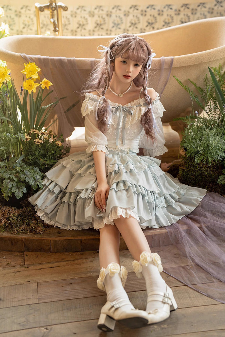 White/Blue Floral Ruffle Lolita Skirt Set - Sweet Lolita