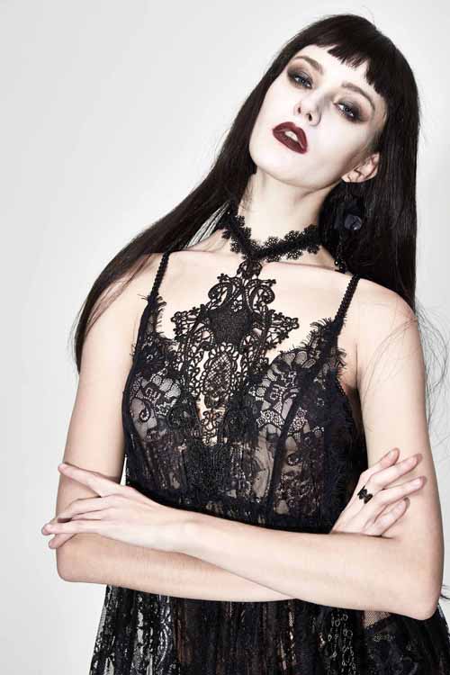 Sexy Halter Gothic Dress with Transparent Lace and High Waist