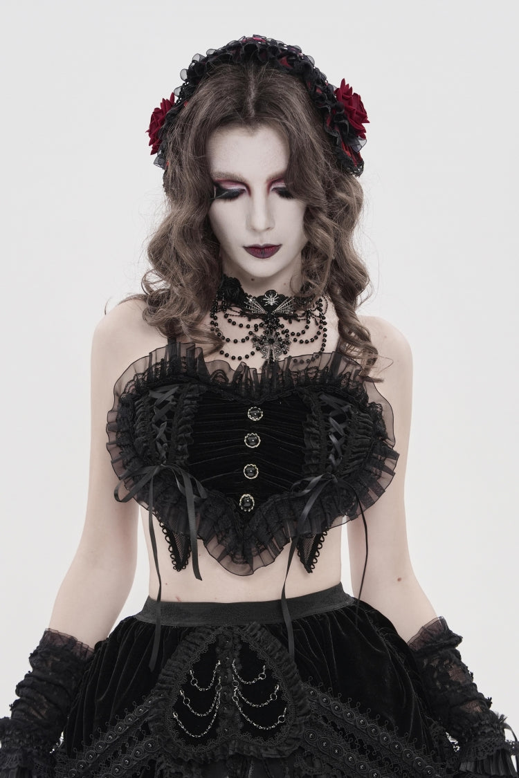 Dark Ruffled Corset with Bow Accents and Off-Shoulder Design