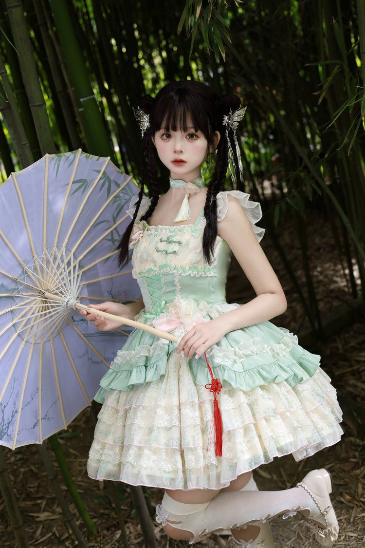 Ancient Poetry Printed Multi-Layer Sweet Lolita Tiered Dress - Chinese Style