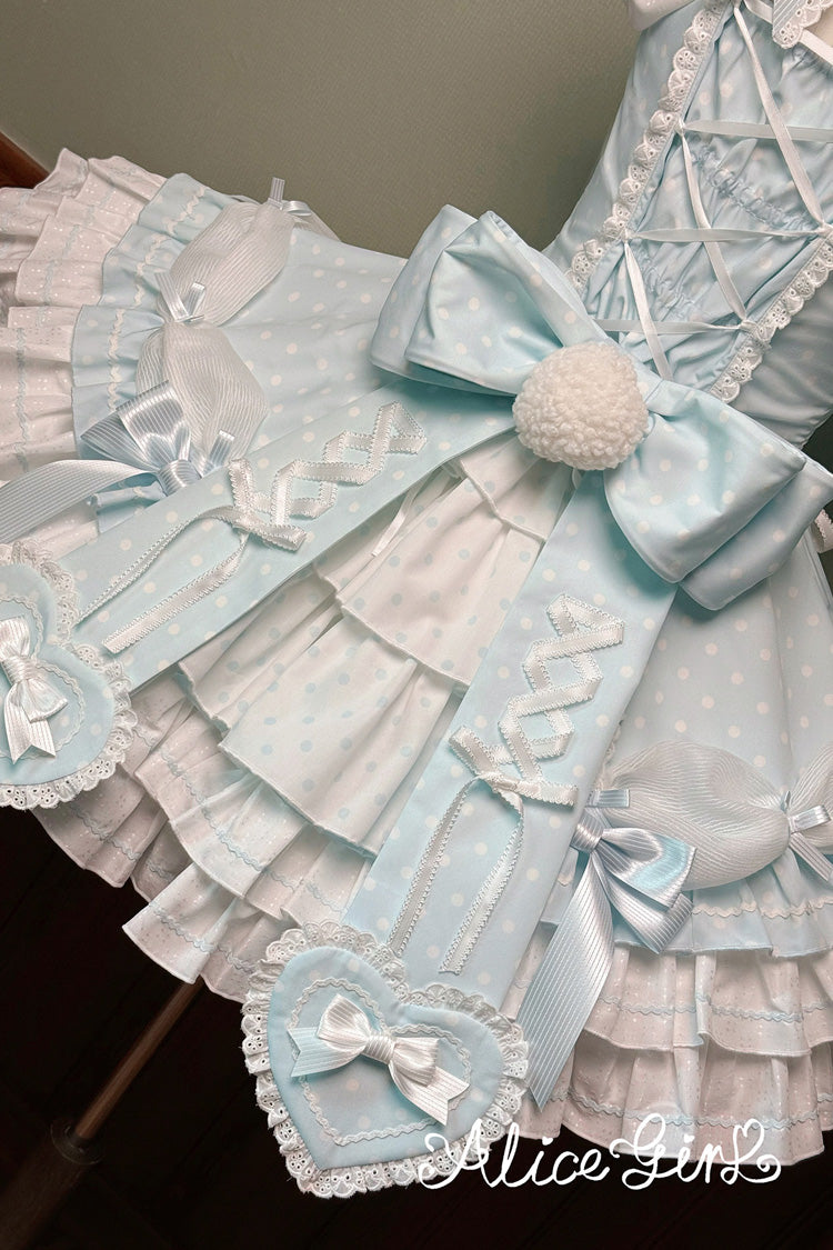 Blue Halterneck Short Sleeve Triple-Layered Polka Dot Bow Lace-Up Sweet Dress