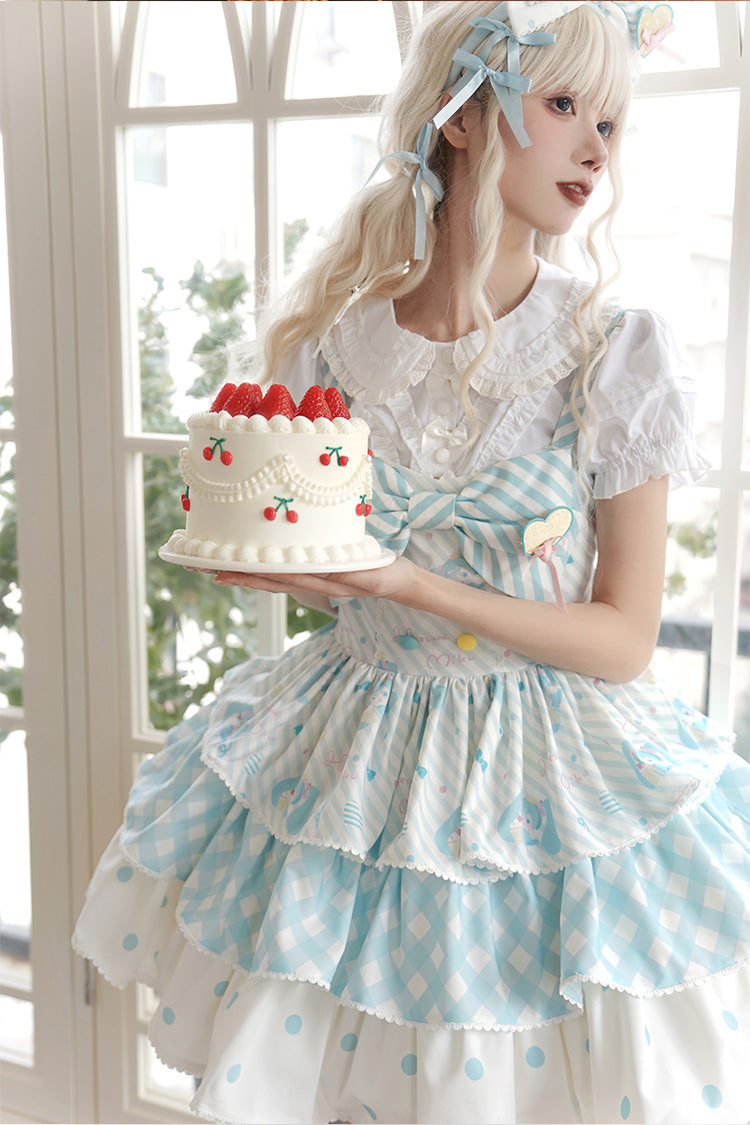 Sleeveless Triple-Layer Print Bow Sweet Lolita Jumper Dress - Blue