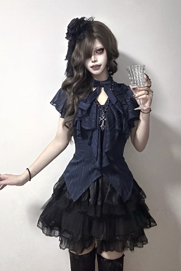 Cobalt Bow-Adorned Gothic Lolita Blouse with Ruffled Details