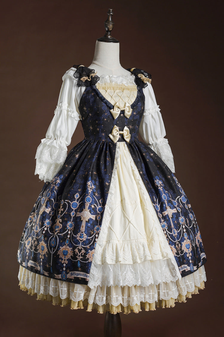 Blue/White Stone of Eden Triple-Layer Print Ruffle Ribbon Lace Elegant Girly Lolita JSK Gown