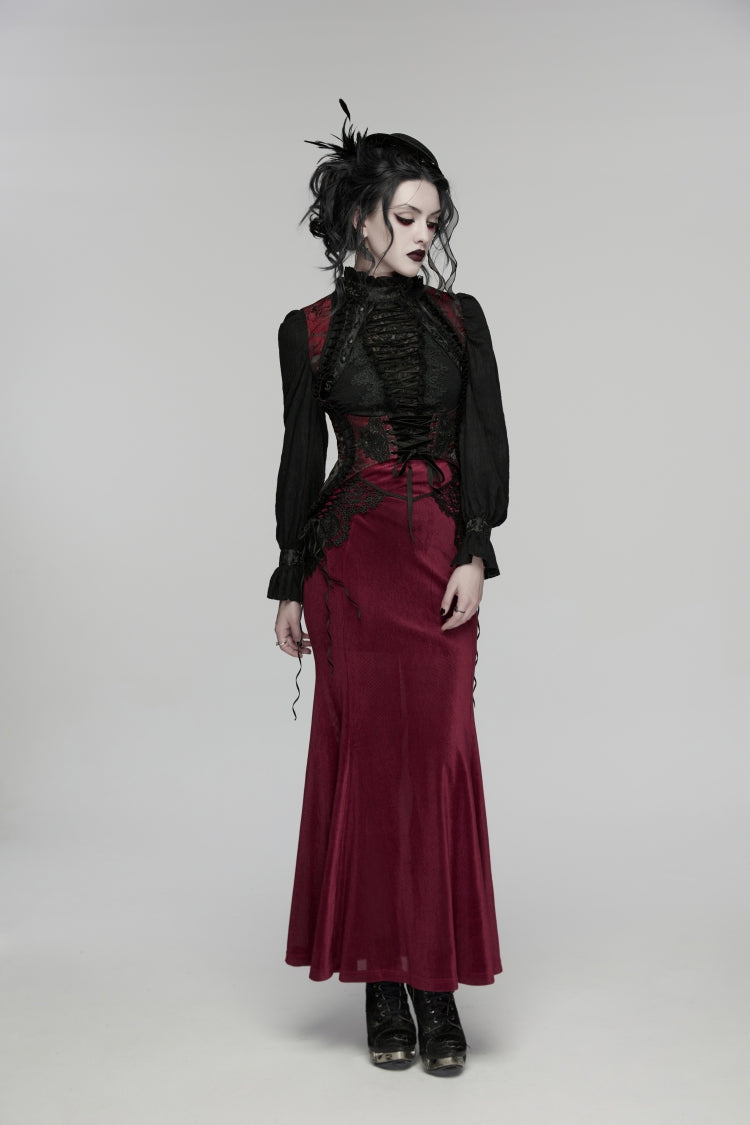 Crimson & Noir Embroidered Lace Lace-Up Fitted Corset Vest for Women