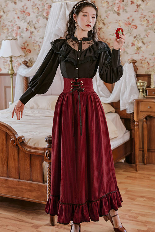 Wine Vintage Palace Ruffled Stripe High-Waisted Classic Dress Skirt