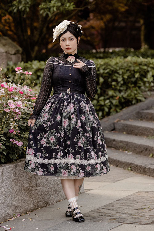 Black French Rose Floral Print V-Neck Sleeveless Ruffled Classic Lolita JSK Dress - Altfashion Shop
