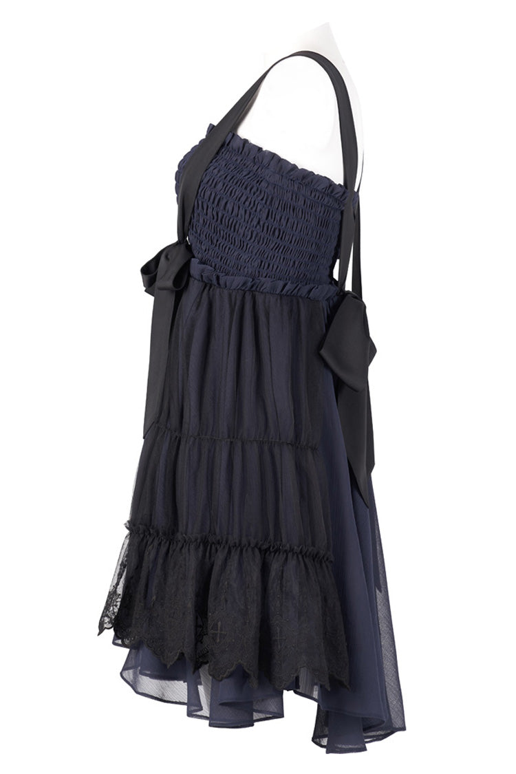 Blue Strap Big Bow Streamer Stitching Lace Suspender Gothic Dress
