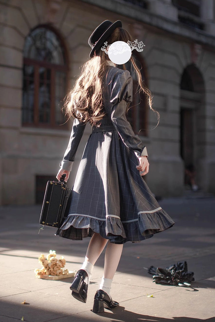 Grey Plaid Print Bow Classic Vintage College Dress