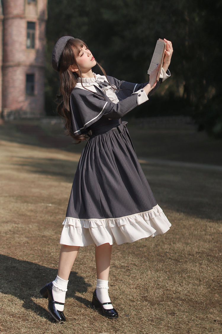 Striped Ruffle Bowknot Long Sleeve College Style Lolita Dress Dark Blue