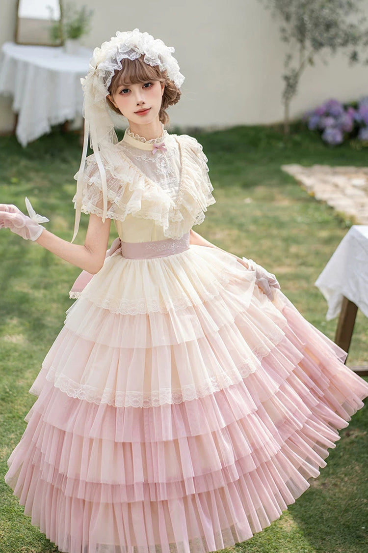 Sweet Lolita Dress with Edwardian Collar and Ombre Ruffles - Pink