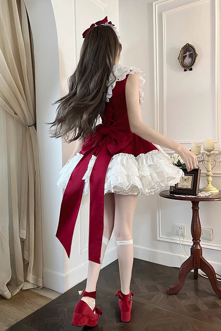 Red Asymmetric Lace Bow Sleeveless Multi-Layer Ruffle Sweet Lolita Dress - Miss Tsundere