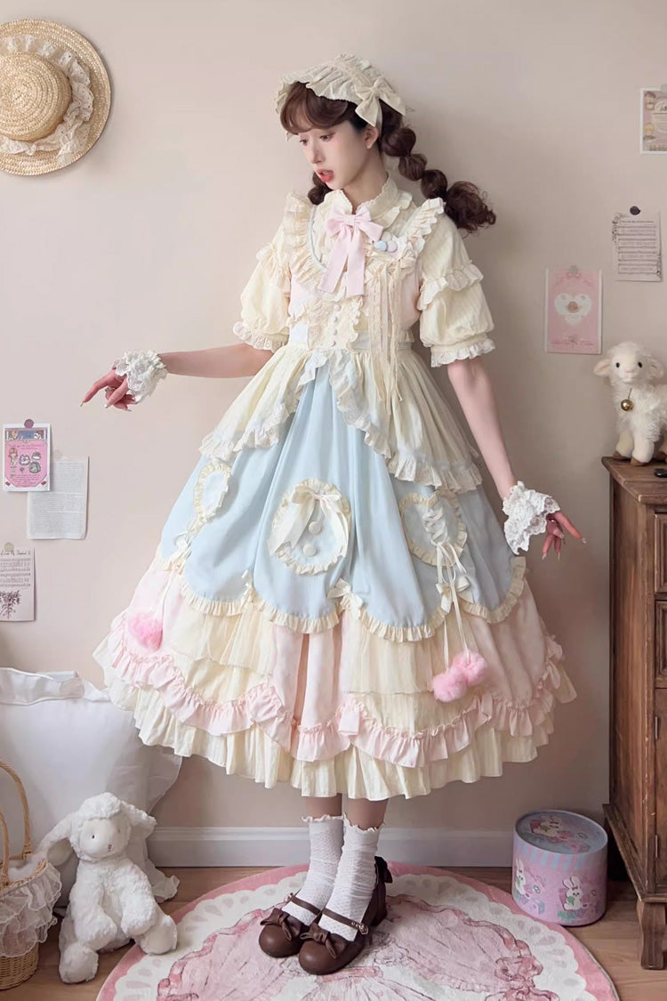 Sleeveless Multi-Layer Ruffle Bow Lace Sweet Lolita Jumper Dress Long - Multi Color