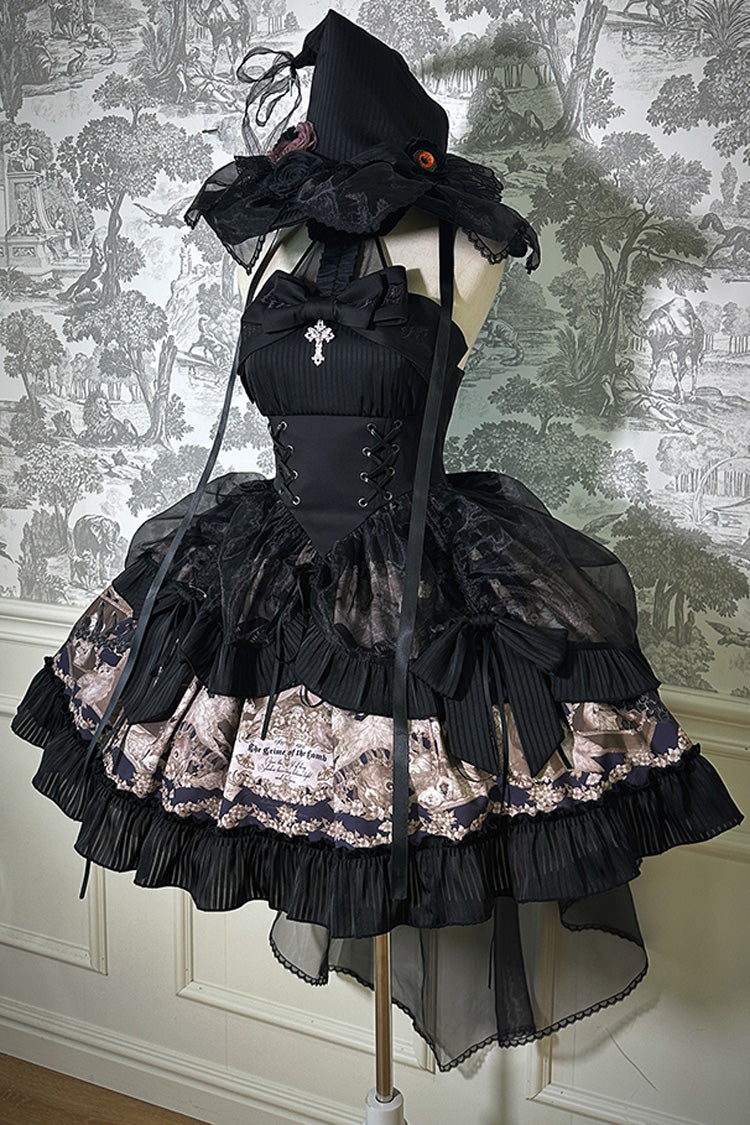 Black The Mystery of The Doll Halterneck Printed Ruffle Bowknot Drawstring Gothic Lolita Dress