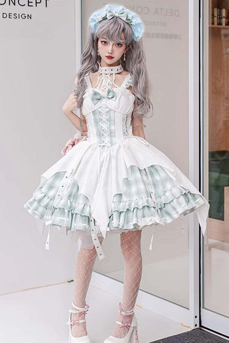 Subculture Grid-Print Dress with Radio Wave Pattern and Bow Stitching in 3 Colors