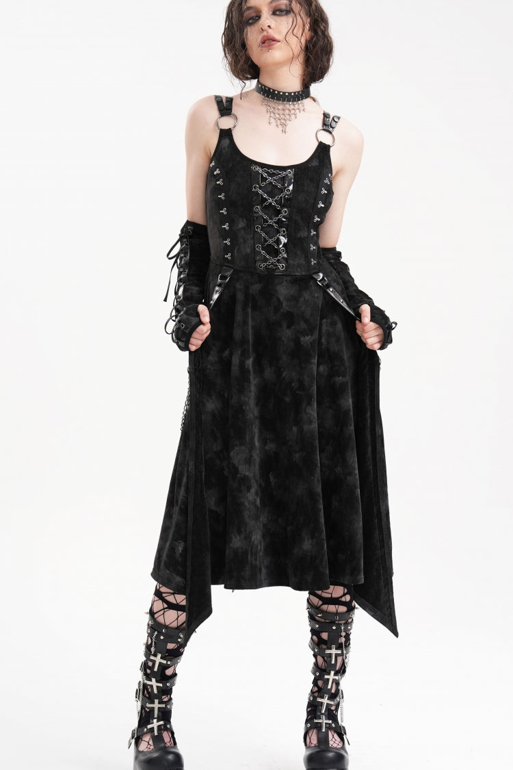 Gothic Slip Dress with Lace-Up Rings and Chains Plus Gloves