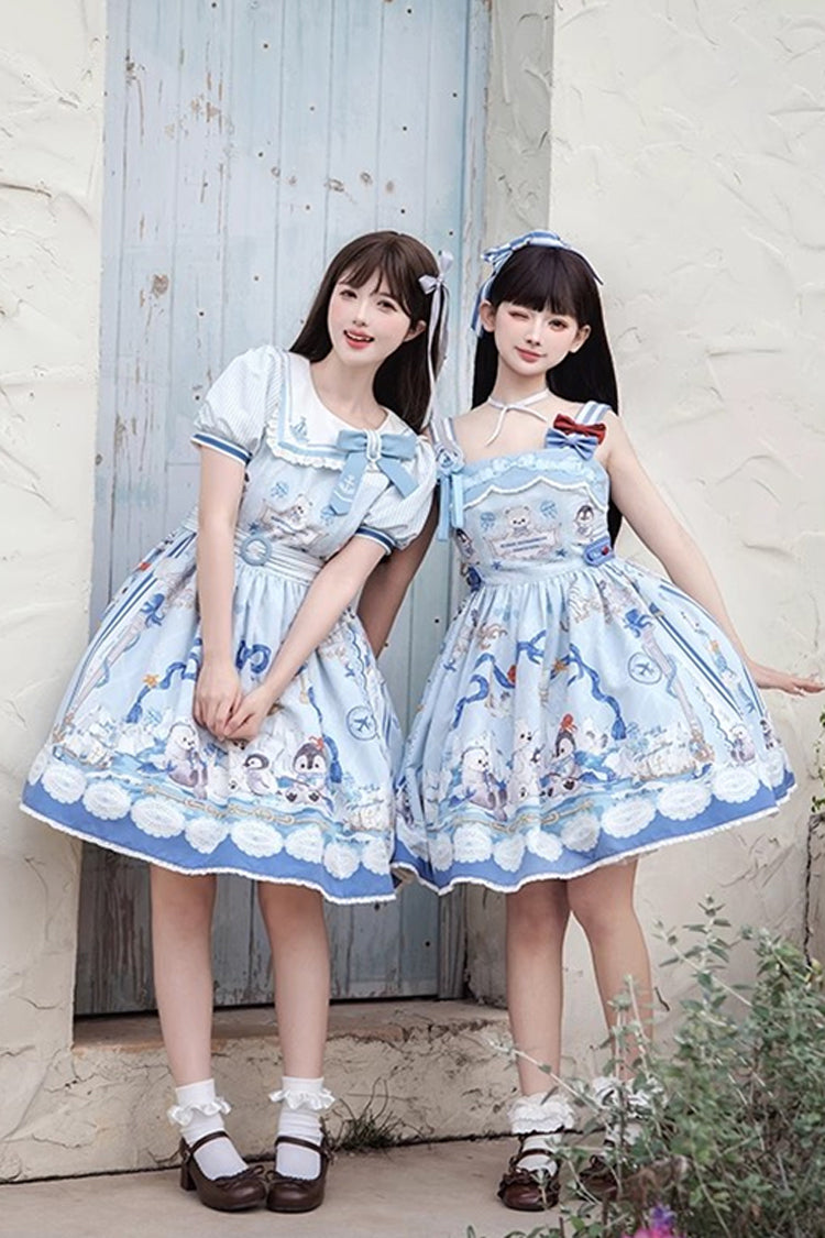 Penguin Navy Print Ruffle Bow Princess JSK Dress in Blue