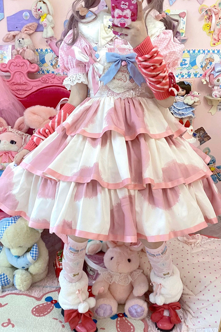 Pink Sleeveless Cow-Print Triple-Layer Ruffle Bow Sweet JSK Dress