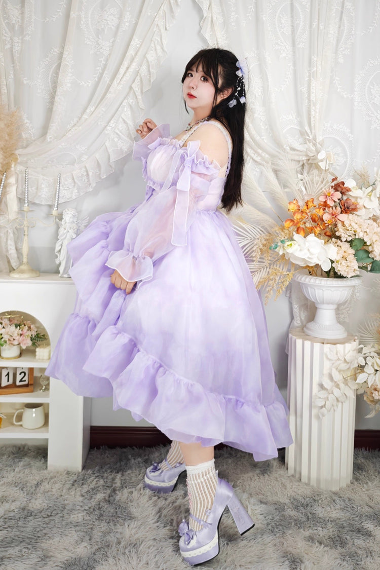 Fall Into The Purple Galaxy Violet Gradient Ruffle Cardigan Bowknot Plus Size Princess Lolita JSK - Fall Into The Purple Galaxy