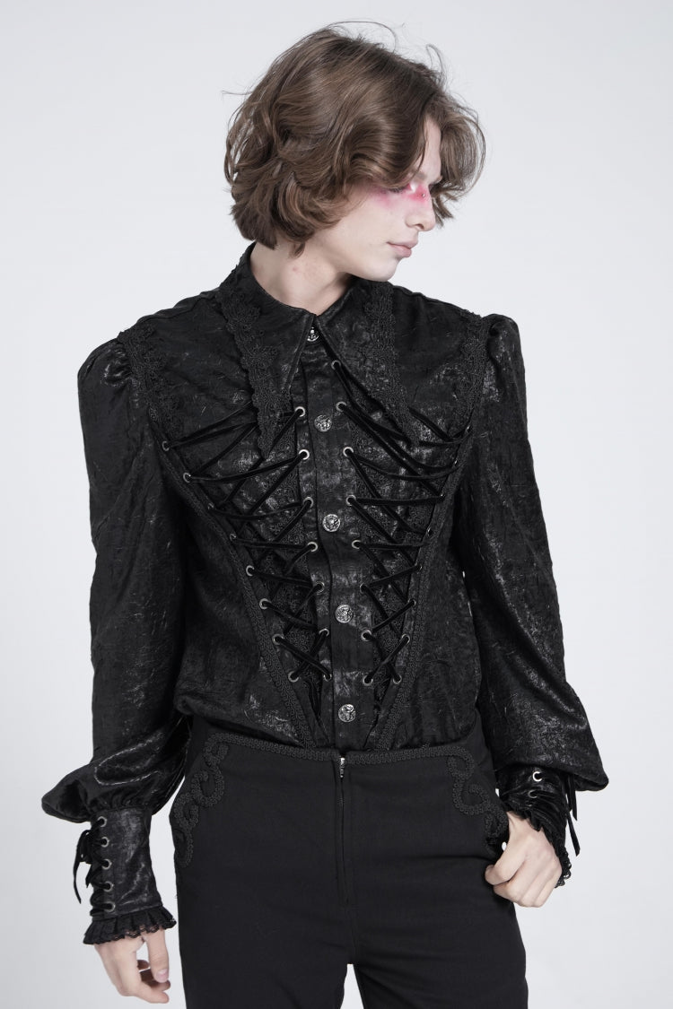 Jet-Black Gothic Blouse with Puffed Sleeves and Jacquard Lace for Men