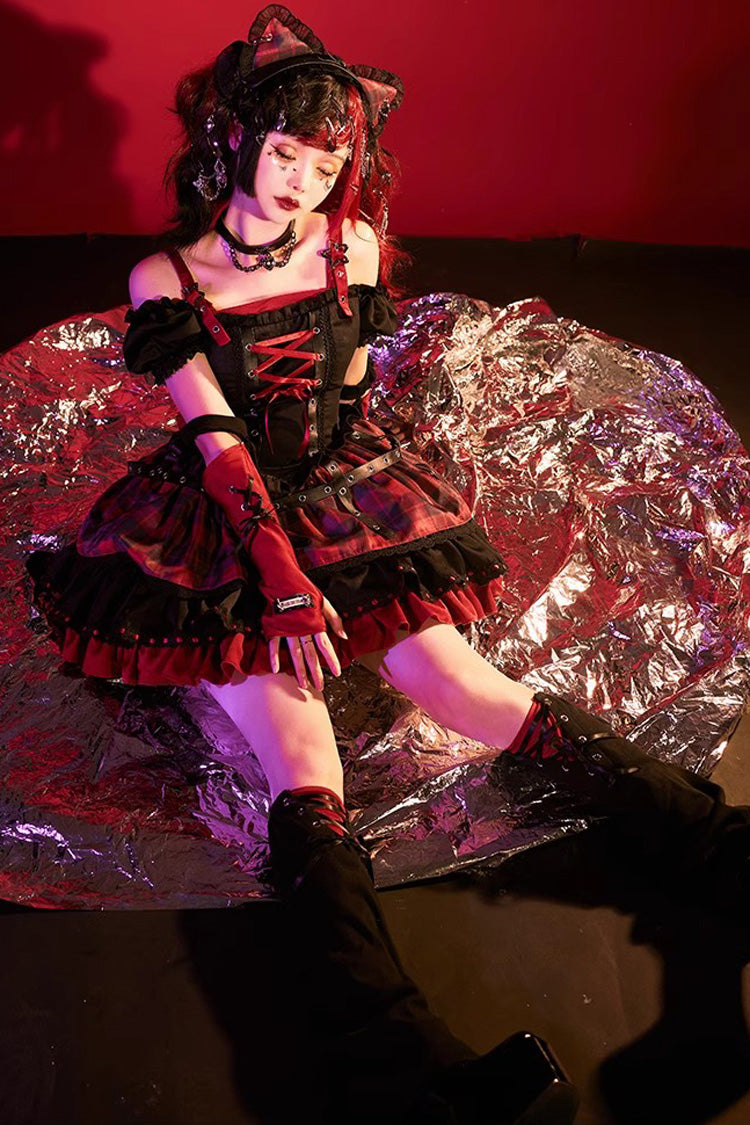 Black Red Print Ruffle Lace Up Gothic Japanese Princess Jsk Dress
