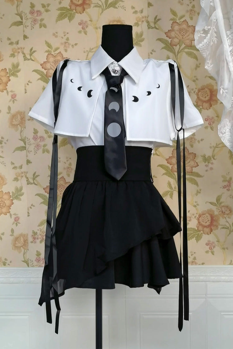Black/White Ruffle Asymmetric Gothic Jirai Kei Skirt Blouse Set