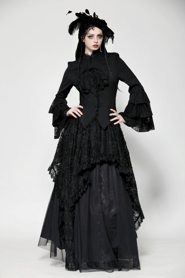 Multi-Layered Ruffled Stand Collar Long Flared Sleeve Gothic Blouse for Women Lace