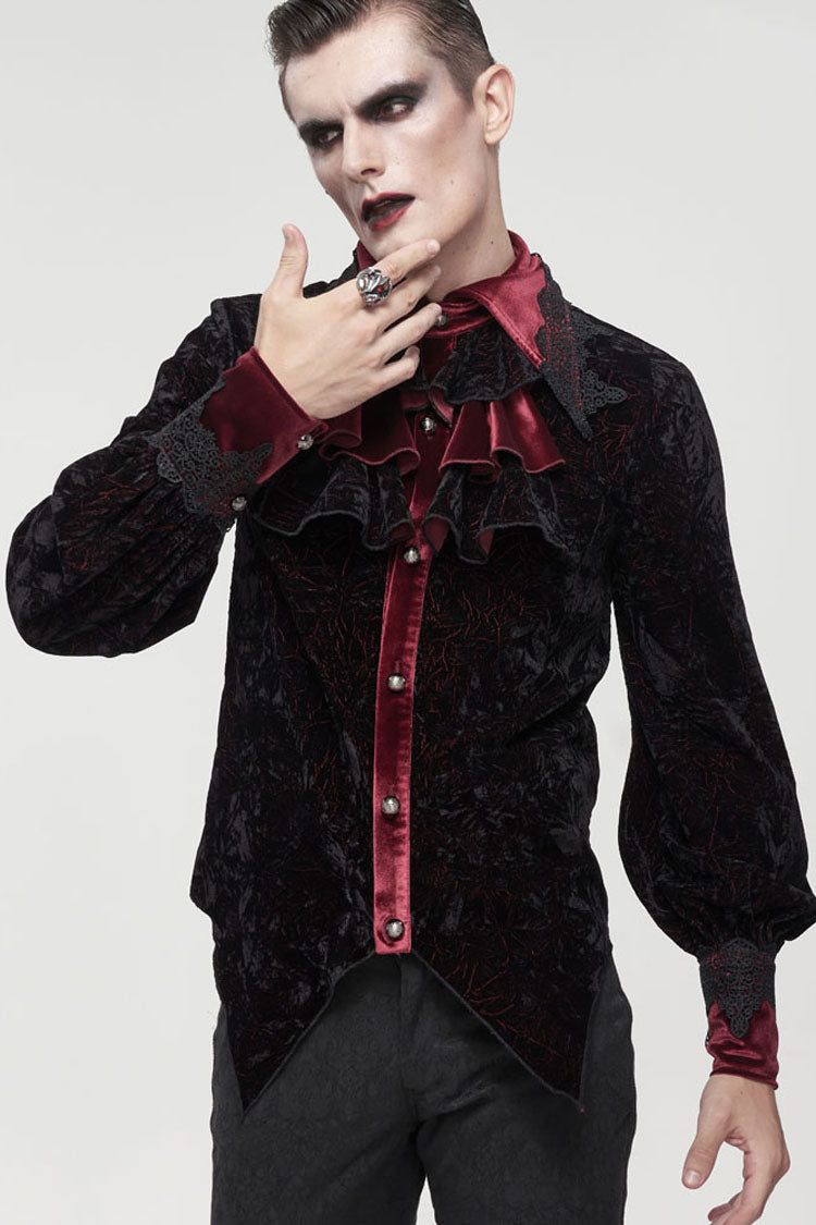 Crimson & Noir Velvet Stand Collar Ruffle Lantern Sleeve Gothic Shirt for Men