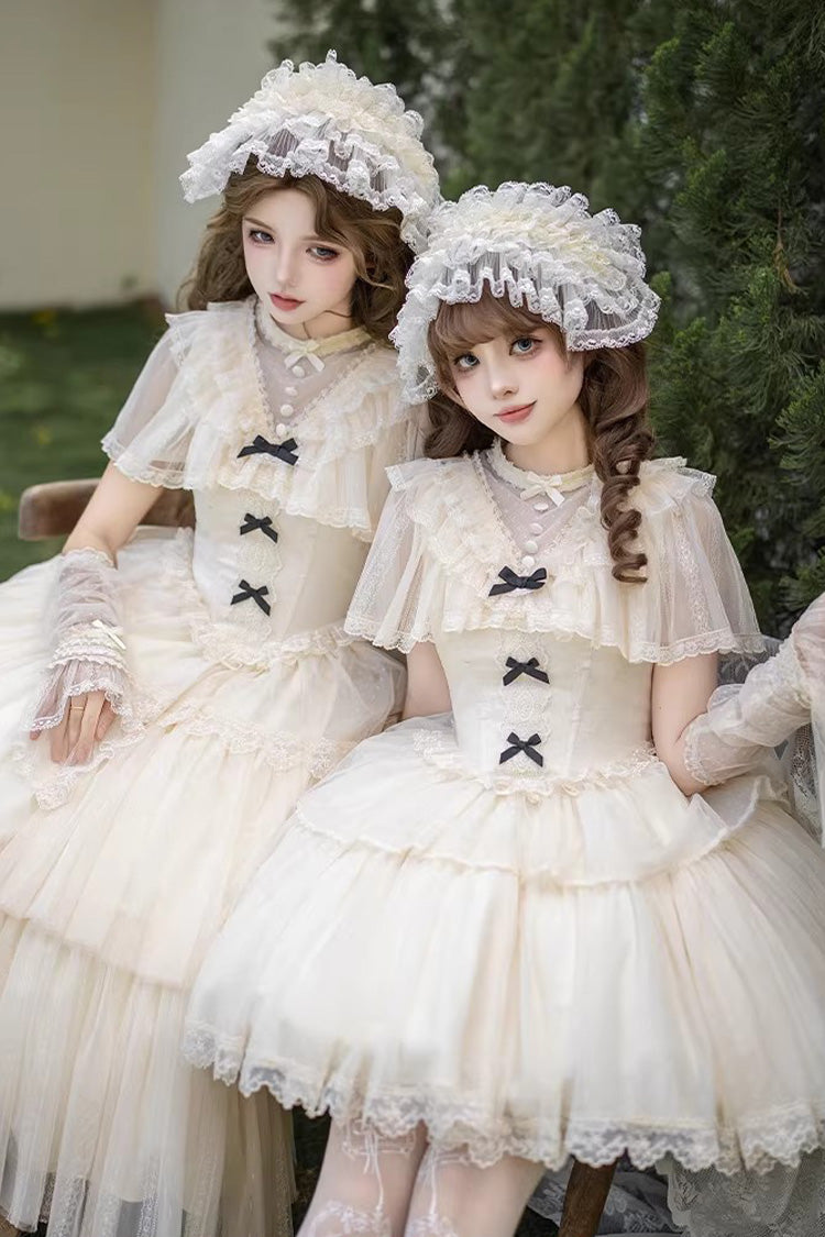 Elegant Sweet Lolita Dress with Edwardian Collar and Ruffled Bow - Ivory