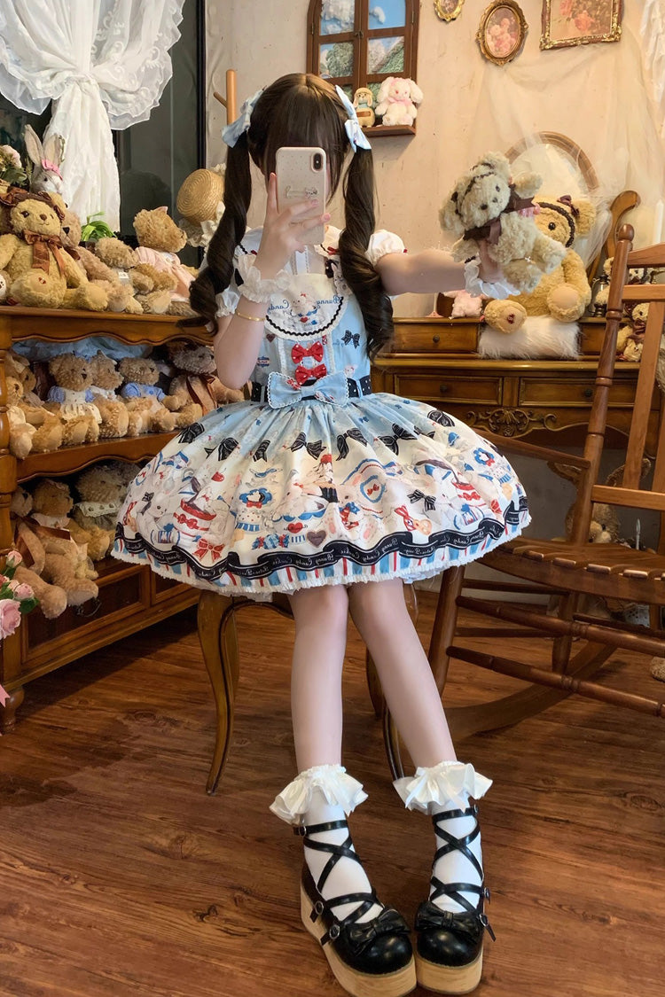 Sleeveless Print Bowknot Lace Sweet Lolita Strap Dress Blue