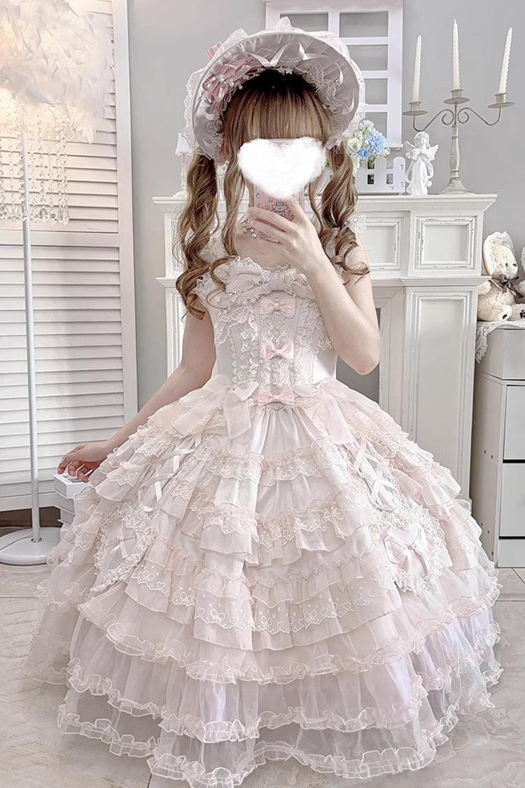 Pink Multi-Layered Ruffled Hanayome Embroidered Bow Lace Sweet JSK - Sweetheart Diary