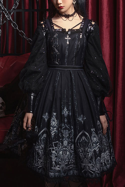Black Red Heart Eye Print Square Collar Cross High Waist Gothic Lolita JSK Dress - Altfashion Shop