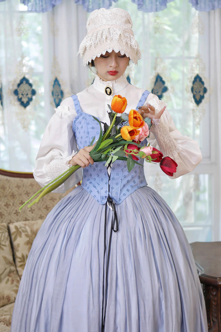 Light Blue Puffed Sleeve Corset Dress with Lace-Up and Fishbone Detail