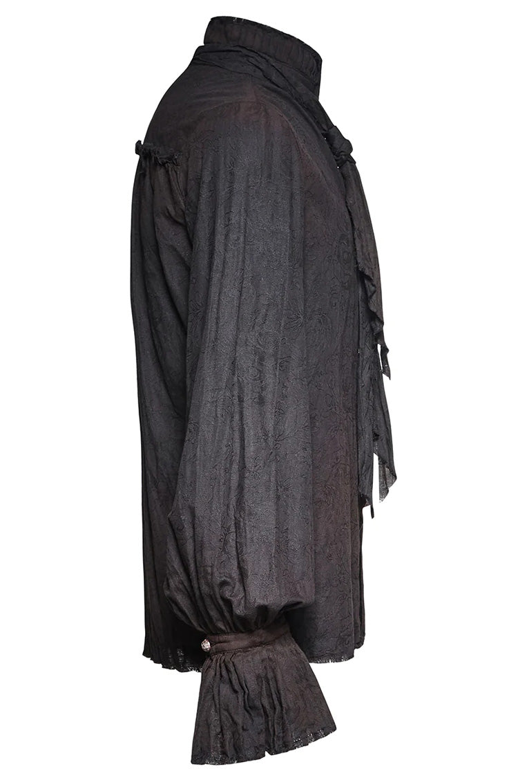Jet-Black Steampunk Tie Shirt with Lantern Sleeves and Metal Buttons