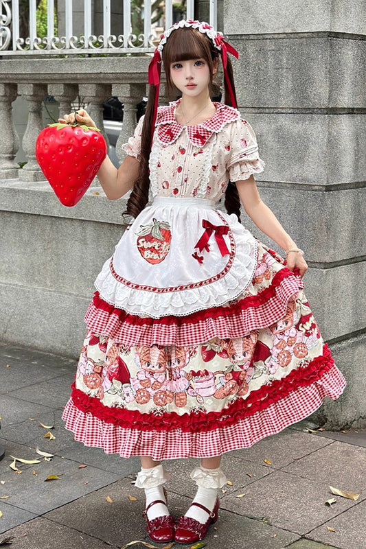 Print Short Sleeve Double-Layered Ruffle Sweet Princess Lolita Jsk Red