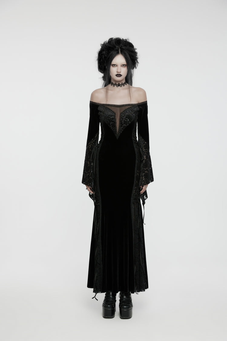 Black Off-Shoulder Long Trumpet Sleeve Embroidered Lace Lace-Up Gothic Palace Velvet Dress