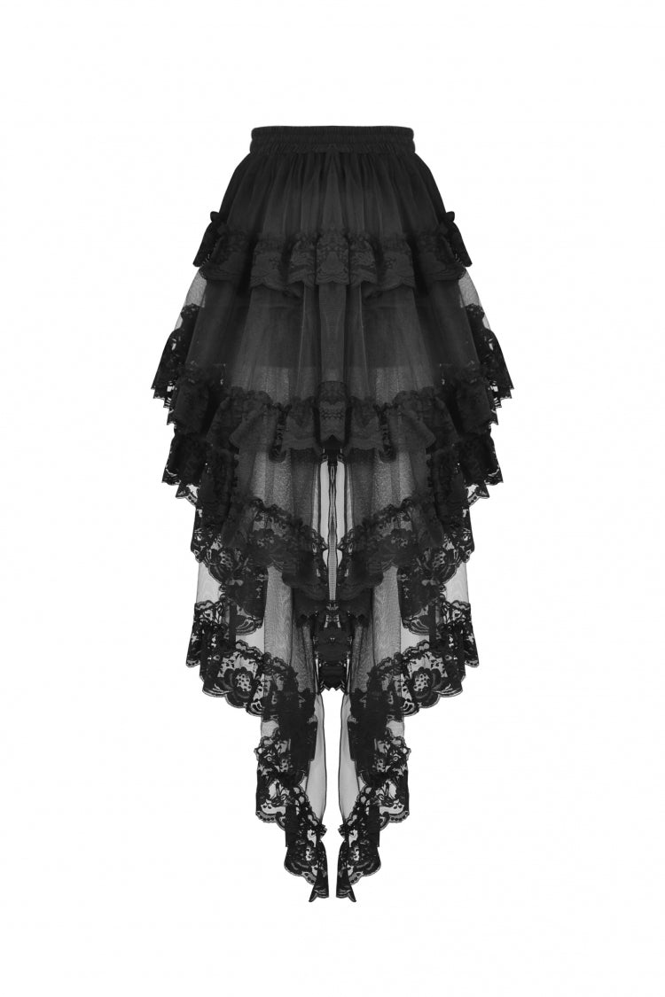 Gothic Swallow Tail Skirt with Irregular Lace Ruffles, Black