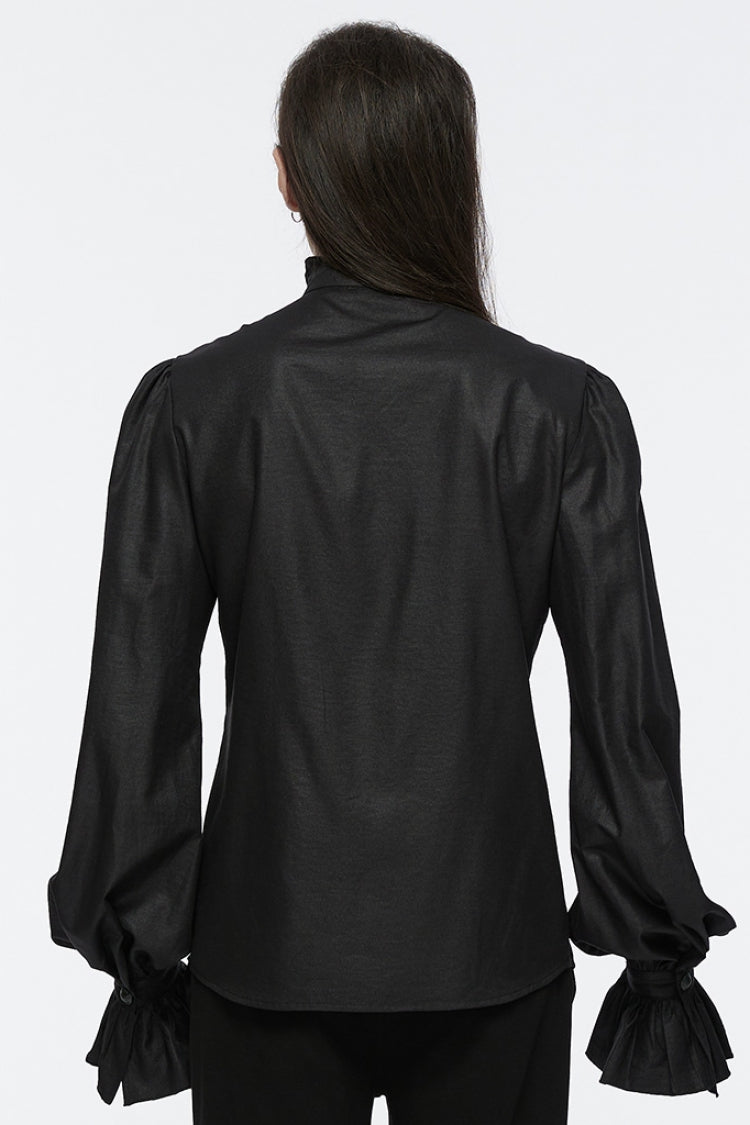 Jet-Black Gothic Blouse with Puffed Sleeves and Lace Accents for Men