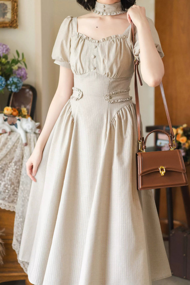 Khaki Square-Collar Ruffled Striped Vintage Dress
