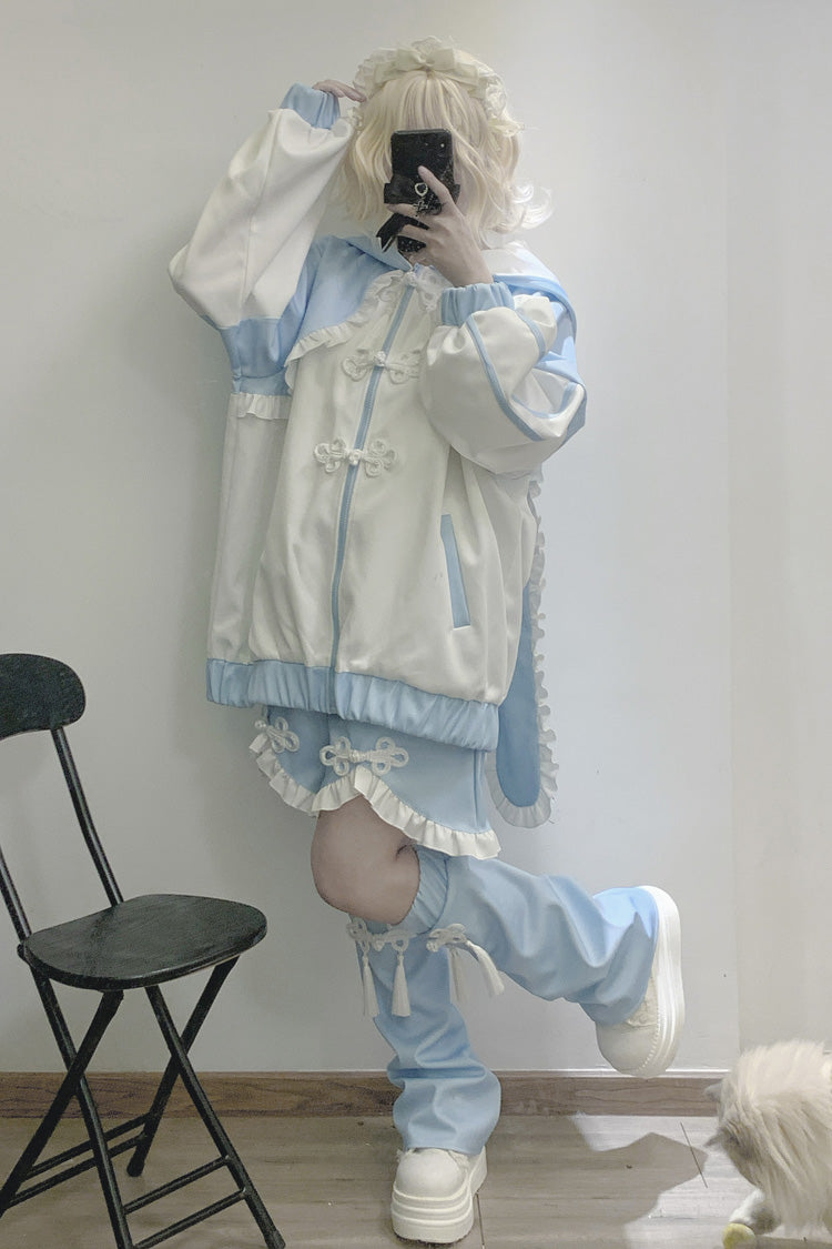 Ivory and Blue Bunny-Eared Hooded Ruffle Jacket - Jirai Style